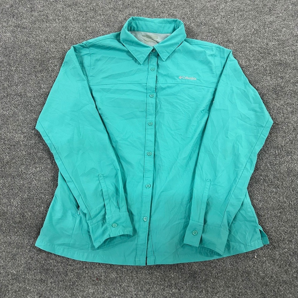 Columbia Shirt Womens Size L Teal Long Sleeve Omni-Shade Hiking Outdoor Trail